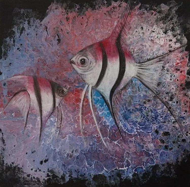 Acrylic Pouring Kunstwerk mit lilanen, dunkel und blau farbenen Akzenten