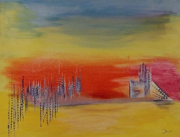 Abstraktes Gemälde von Jochen Franke mit gelb und rot-tönen